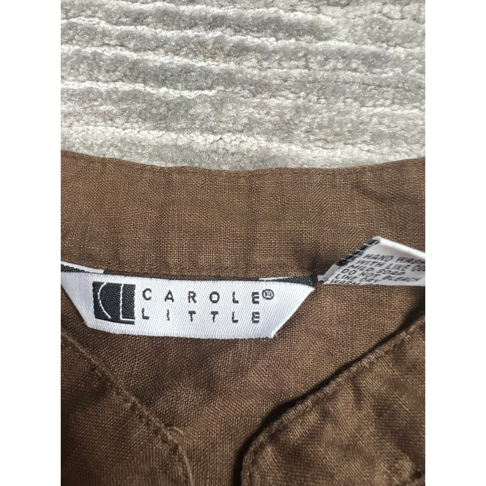 Carole Little Blouse Womens Large Brown 100% Linen Pintuck Beaded Short Sleeve - Picture 4 of 9